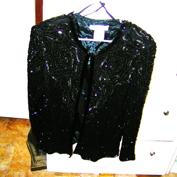 VINTAGE ADRIANNA PEPELL BLACK BEADED SILK EVENING JACKET S/M - Picture 4 of 5